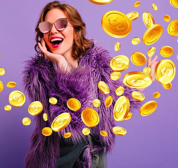 stylish online baccarat winner with sunglasses smiling while wearing her purple fur